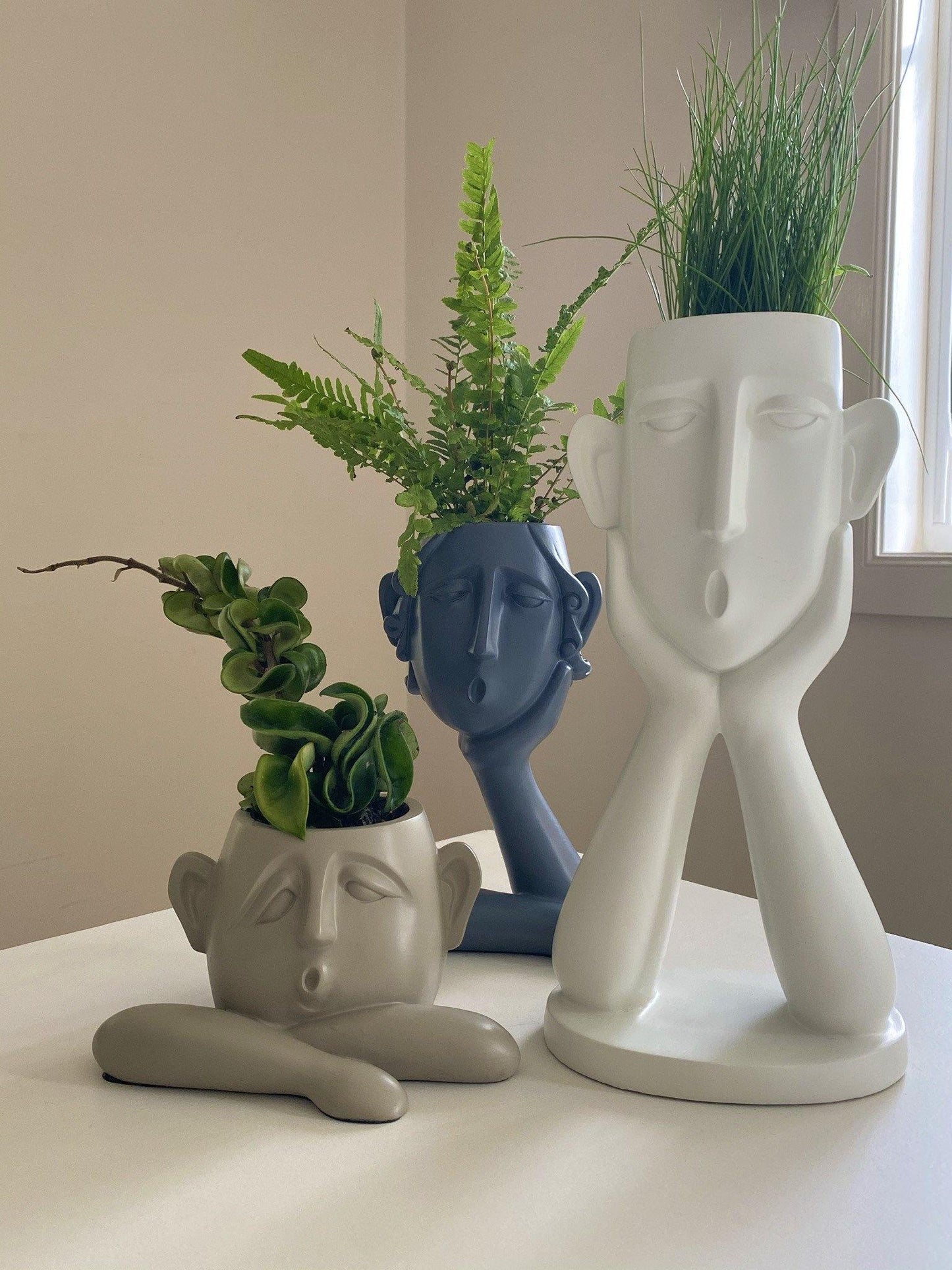 Blumentopf-Skulpturen-Trio „Emotionale Gesichter“