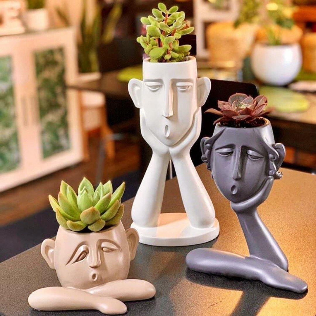Blumentopf-Skulpturen-Trio „Emotionale Gesichter“