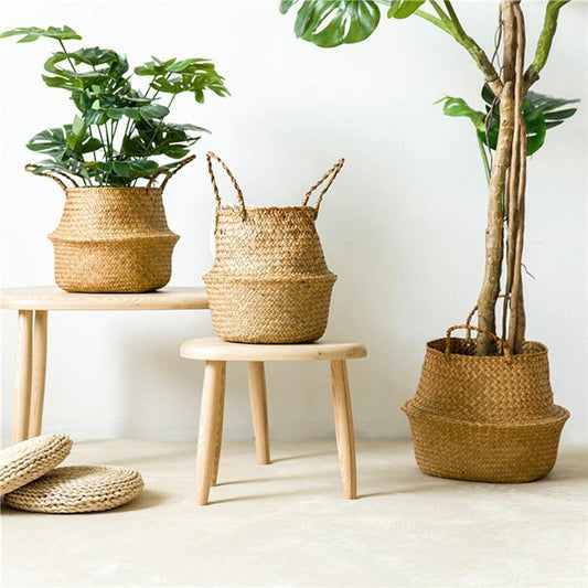 Jardinière ou panier de rangement en rotin tressé à la main avec anses