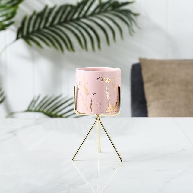 Jardinière de table en céramique marbrée avec support en métal géométrique