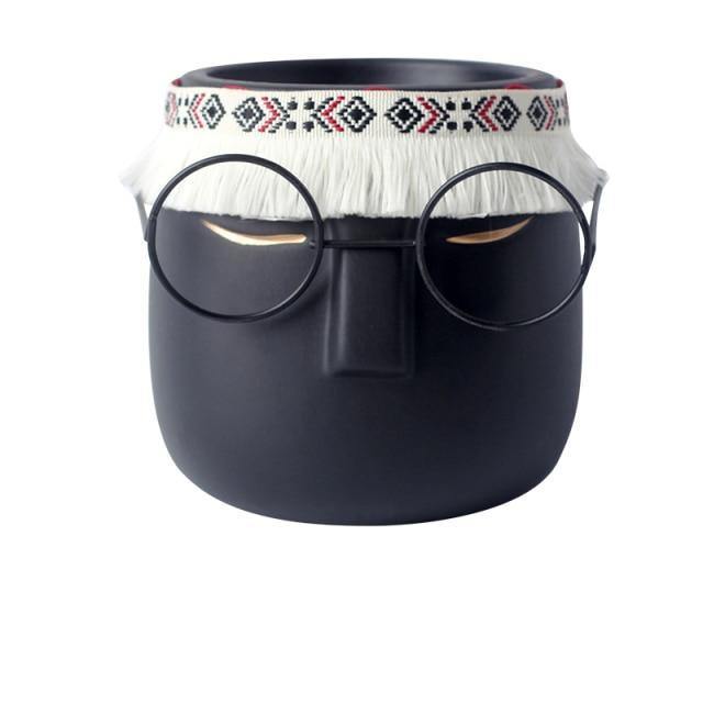 Keramischer abstrakter Schlafender-Gesicht-Pflanztopf mit Stirnband und Brille