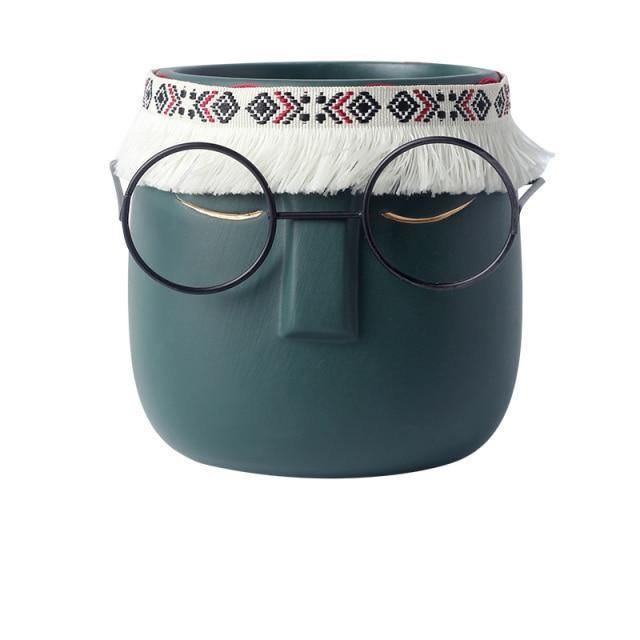 Keramischer abstrakter Schlafender-Gesicht-Pflanztopf mit Stirnband und Brille