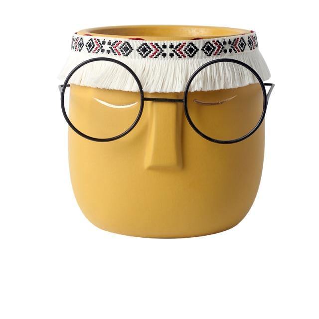 Keramischer abstrakter Schlafender-Gesicht-Pflanztopf mit Stirnband und Brille