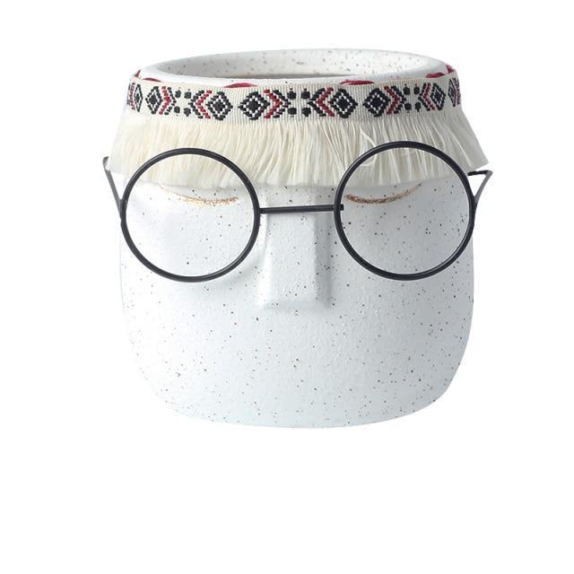 Keramischer abstrakter Schlafender-Gesicht-Pflanztopf mit Stirnband und Brille